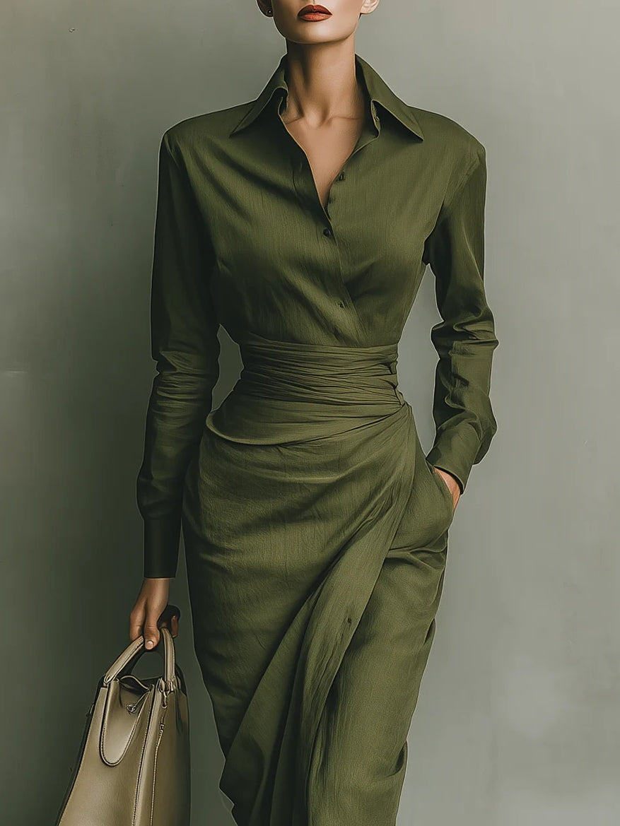 Elegant Army Green Shirt Dress for Women with Collar Long Sleeve Wrap Draped Midi Style