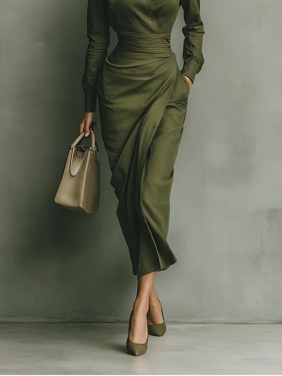 Elegant Army Green Shirt Dress for Women with Collar Long Sleeve Wrap Draped Midi Style