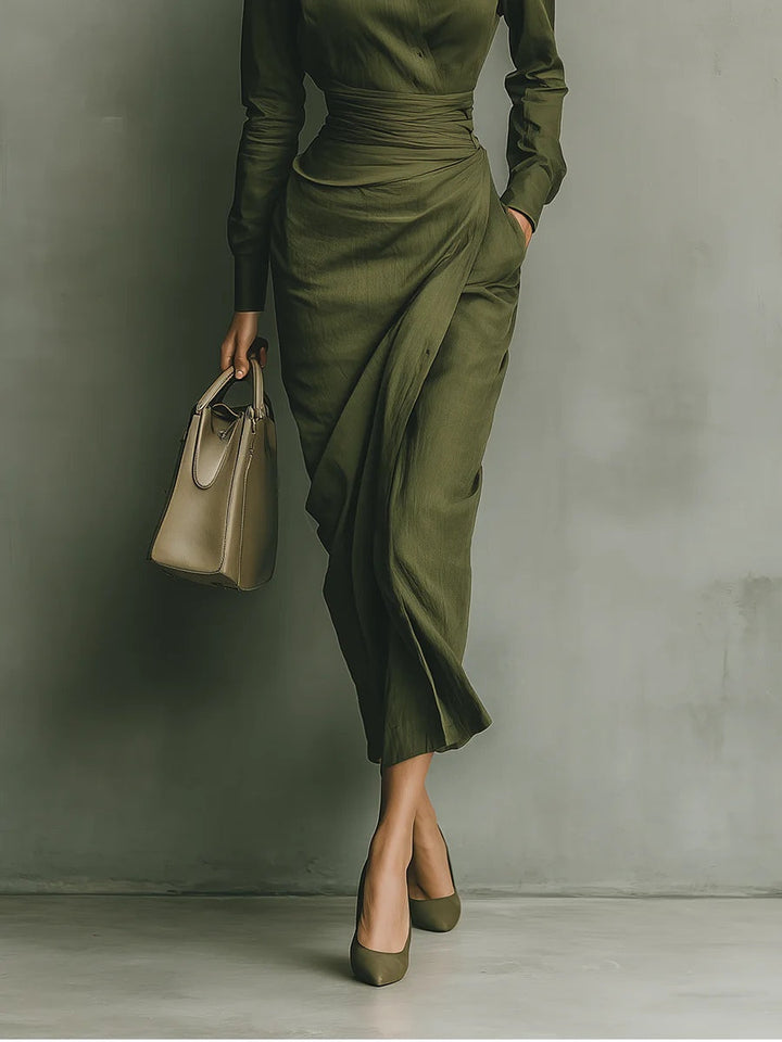 Elegant Army Green Shirt Dress for Women with Collar Long Sleeve Wrap Draped Midi Style
