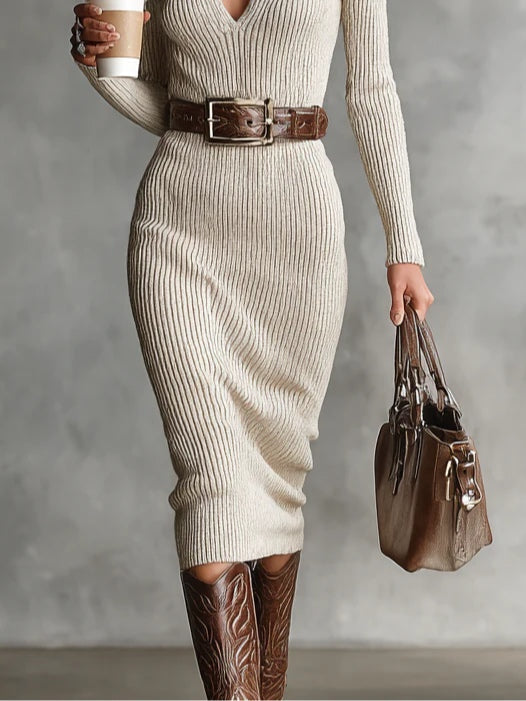 Elegant Beige Ribbed Sweater Midi Dress for Women with V Neck Long Sleeve Bodycon Fitted Knit Style