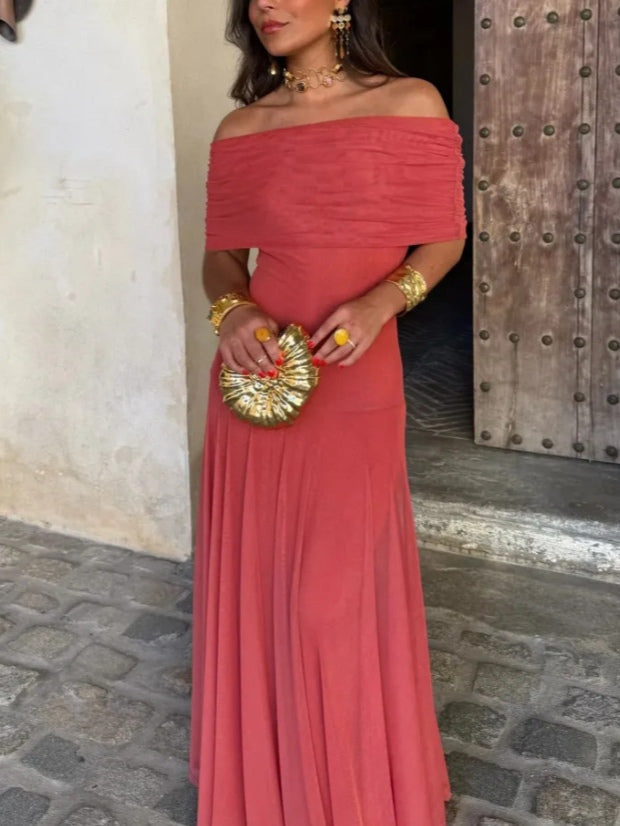 Elegant Mesh Maxi Dress for Women with Off Shoulder Short Sleeve Ruched Flowing Style