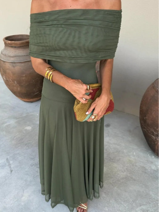Elegant Mesh Maxi Dress for Women with Off Shoulder Short Sleeve Ruched Flowing Style