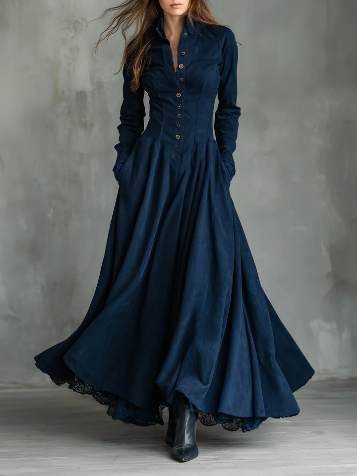 Elegant Dark Blue Velvet Maxi Dress for Women with Stand Collar Long Sleeve Button Front Flowing Victorian Style