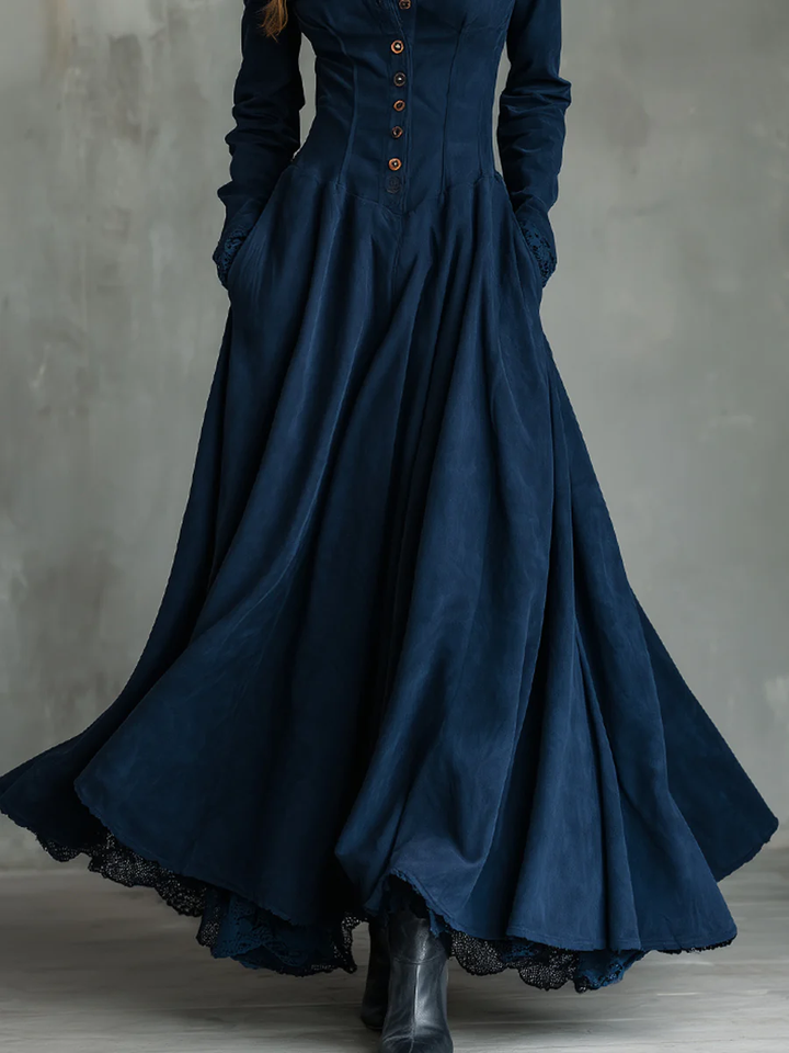 Elegant Dark Blue Velvet Maxi Dress for Women with Stand Collar Long Sleeve Button Front Flowing Victorian Style