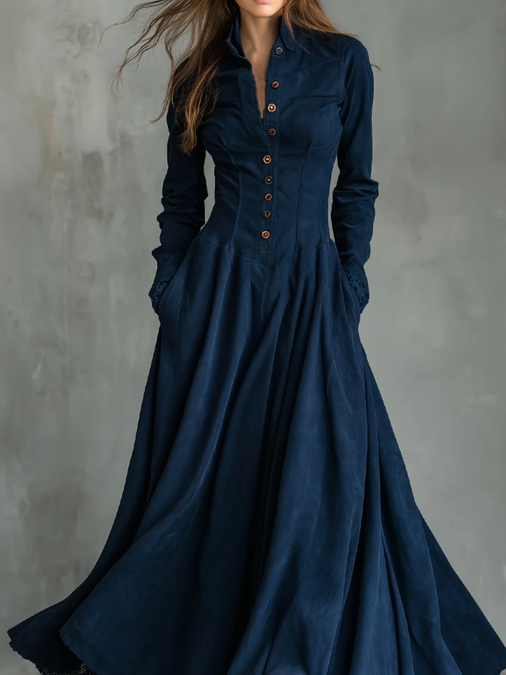Elegant Dark Blue Velvet Maxi Dress for Women with Stand Collar Long Sleeve Button Front Flowing Victorian Style
