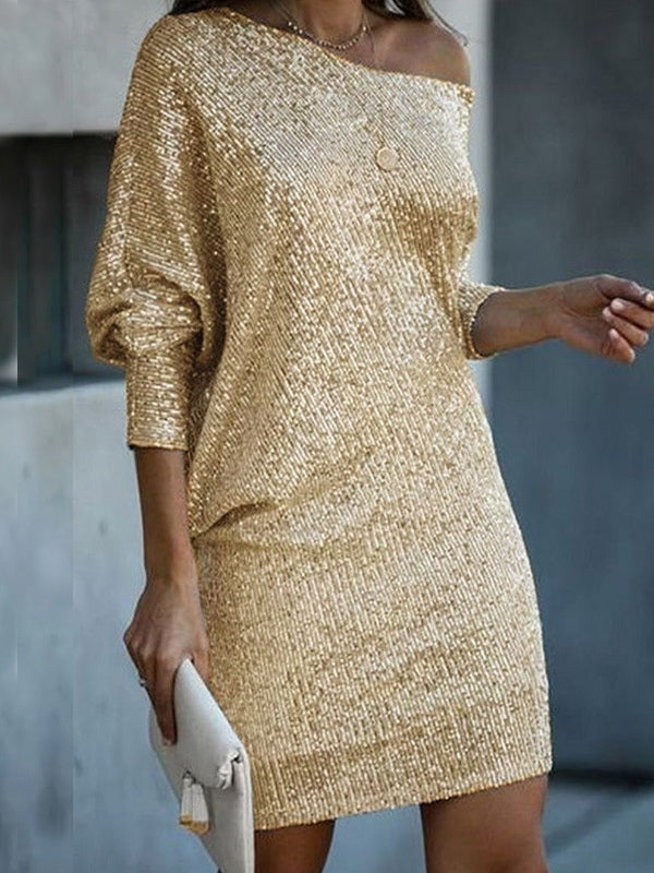 Elegant Sequin Mini Dress for Women with One Shoulder Batwing Sleeve Bodycon Sparkle Formal Party Style