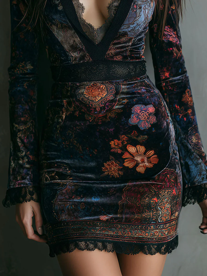Elegant Multicolor Floral Velvet Mini Dress for Women with V Neck Bell Sleeve Lace Trim Bodycon Style