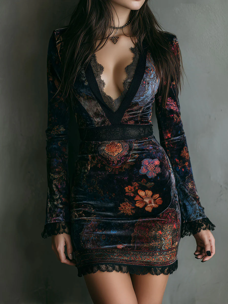 Elegant Multicolor Floral Velvet Mini Dress for Women with V Neck Bell Sleeve Lace Trim Bodycon Style