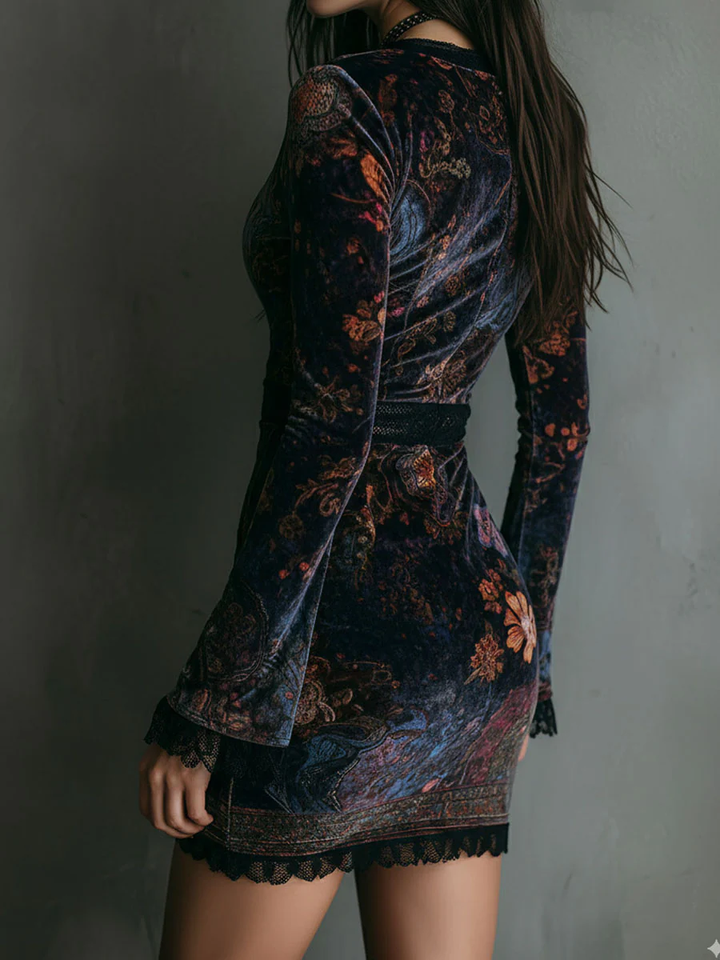 Elegant Multicolor Floral Velvet Mini Dress for Women with V Neck Bell Sleeve Lace Trim Bodycon Style