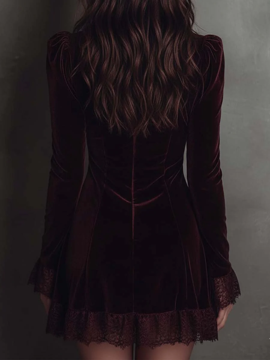 Elegant Burgundy Velvet Mini Dress for Women with V Neck Long Sleeve Lace Trim Bodycon Style