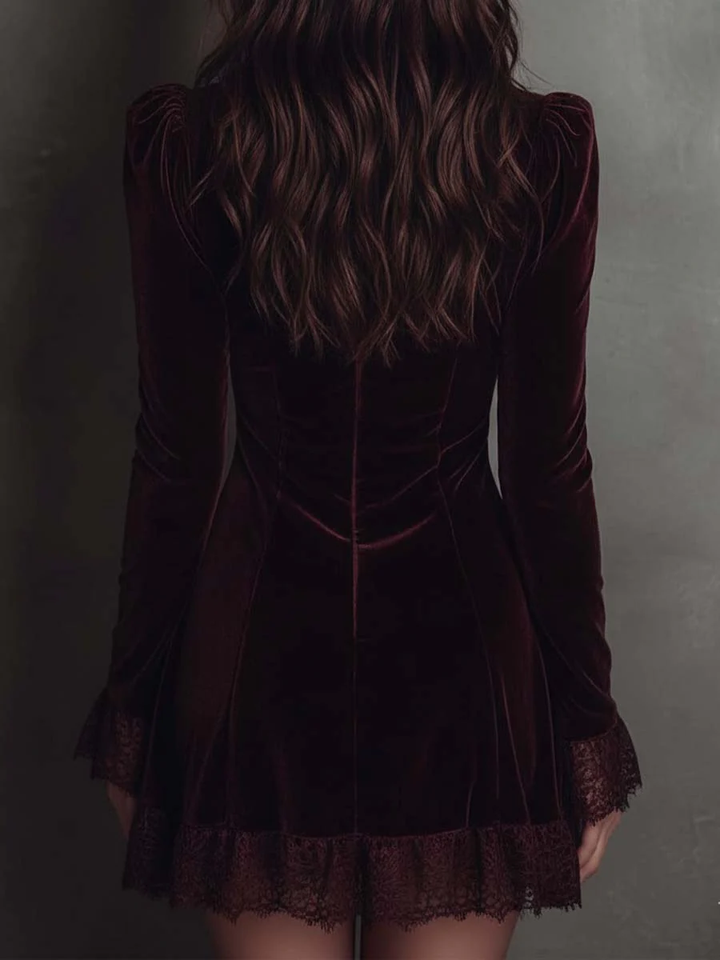 Elegant Burgundy Velvet Mini Dress for Women with V Neck Long Sleeve Lace Trim Bodycon Style