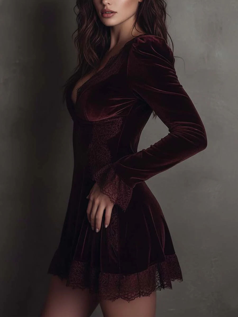Elegant Burgundy Velvet Mini Dress for Women with V Neck Long Sleeve Lace Trim Bodycon Style