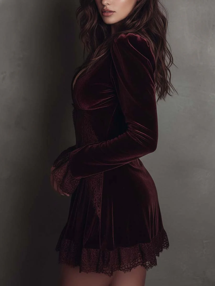 Elegant Burgundy Velvet Mini Dress for Women with V Neck Long Sleeve Lace Trim Bodycon Style