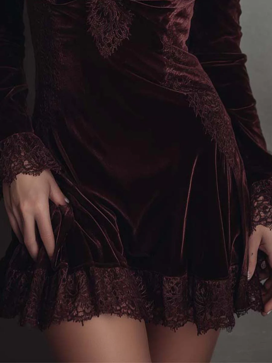 Elegant Burgundy Velvet Mini Dress for Women with V Neck Long Sleeve Lace Trim Bodycon Style