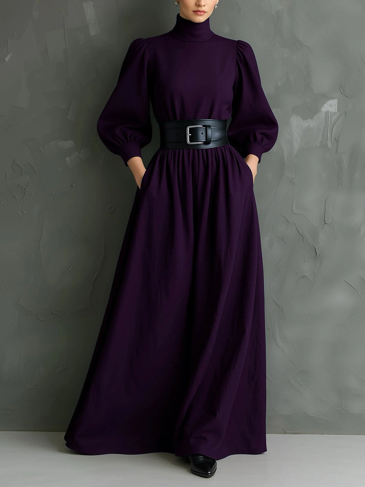 Elegant Dark Purple Maxi Dress for Women with Mock Neck Bishop Sleeve Belted Flowing Style