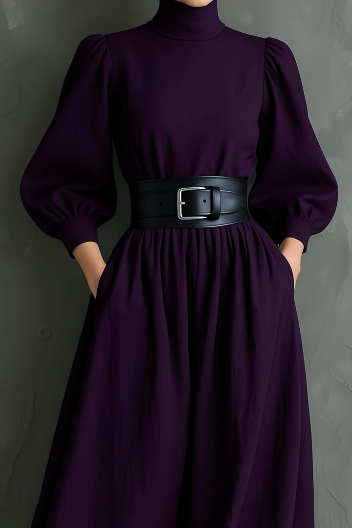 Elegant Dark Purple Maxi Dress for Women with Mock Neck Bishop Sleeve Belted Flowing Style