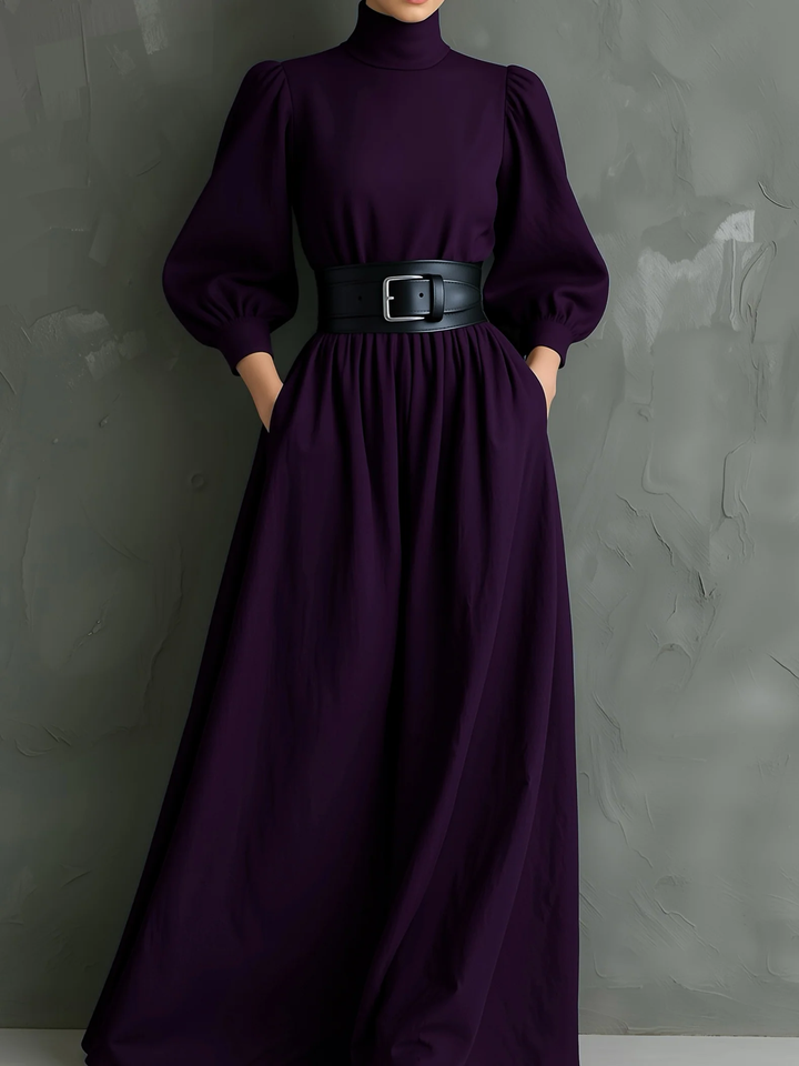 Elegant Dark Purple Maxi Dress for Women with Mock Neck Bishop Sleeve Belted Flowing Style