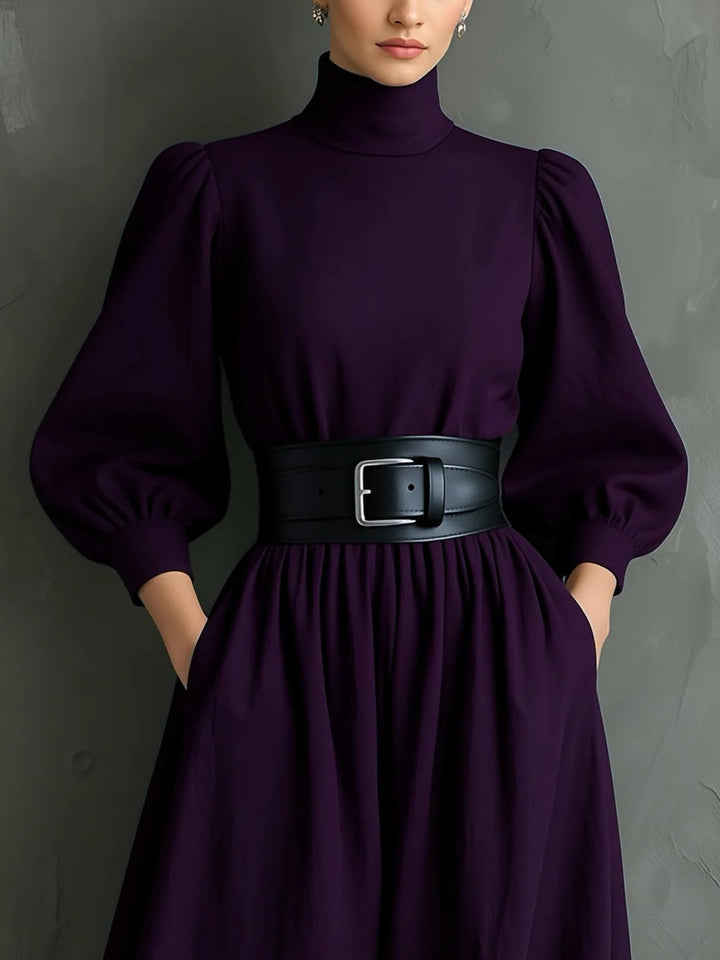 Elegant Dark Purple Maxi Dress for Women with Mock Neck Bishop Sleeve Belted Flowing Style