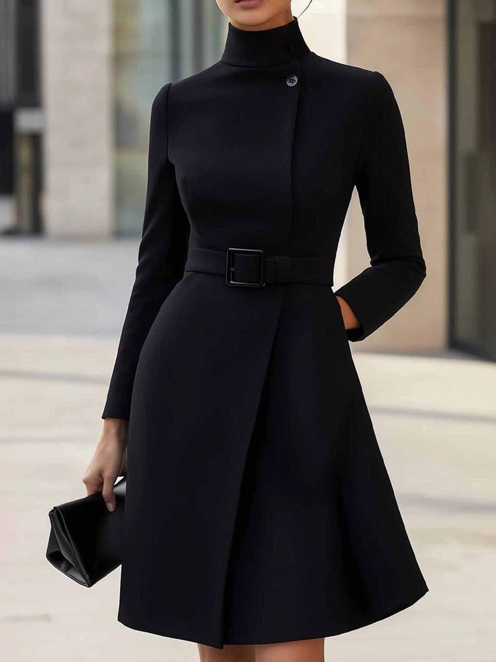 Elegant Belted Wrap Midi Dress for Women with High Neck Long Sleeve Asymmetric Button Tailored Style