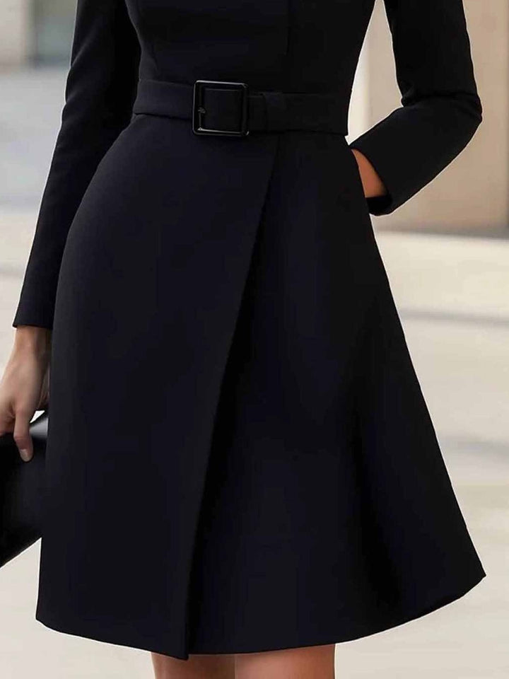 Elegant Belted Wrap Midi Dress for Women with High Neck Long Sleeve Asymmetric Button Tailored Style