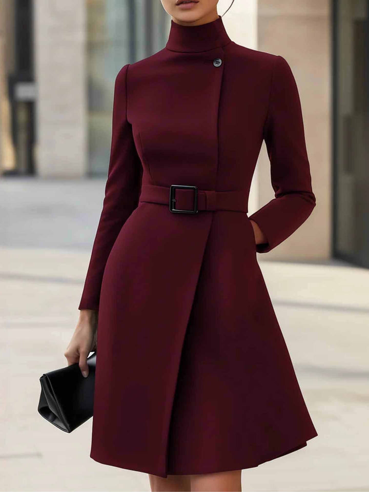 Elegant Belted Wrap Midi Dress for Women with High Neck Long Sleeve Asymmetric Button Tailored Style