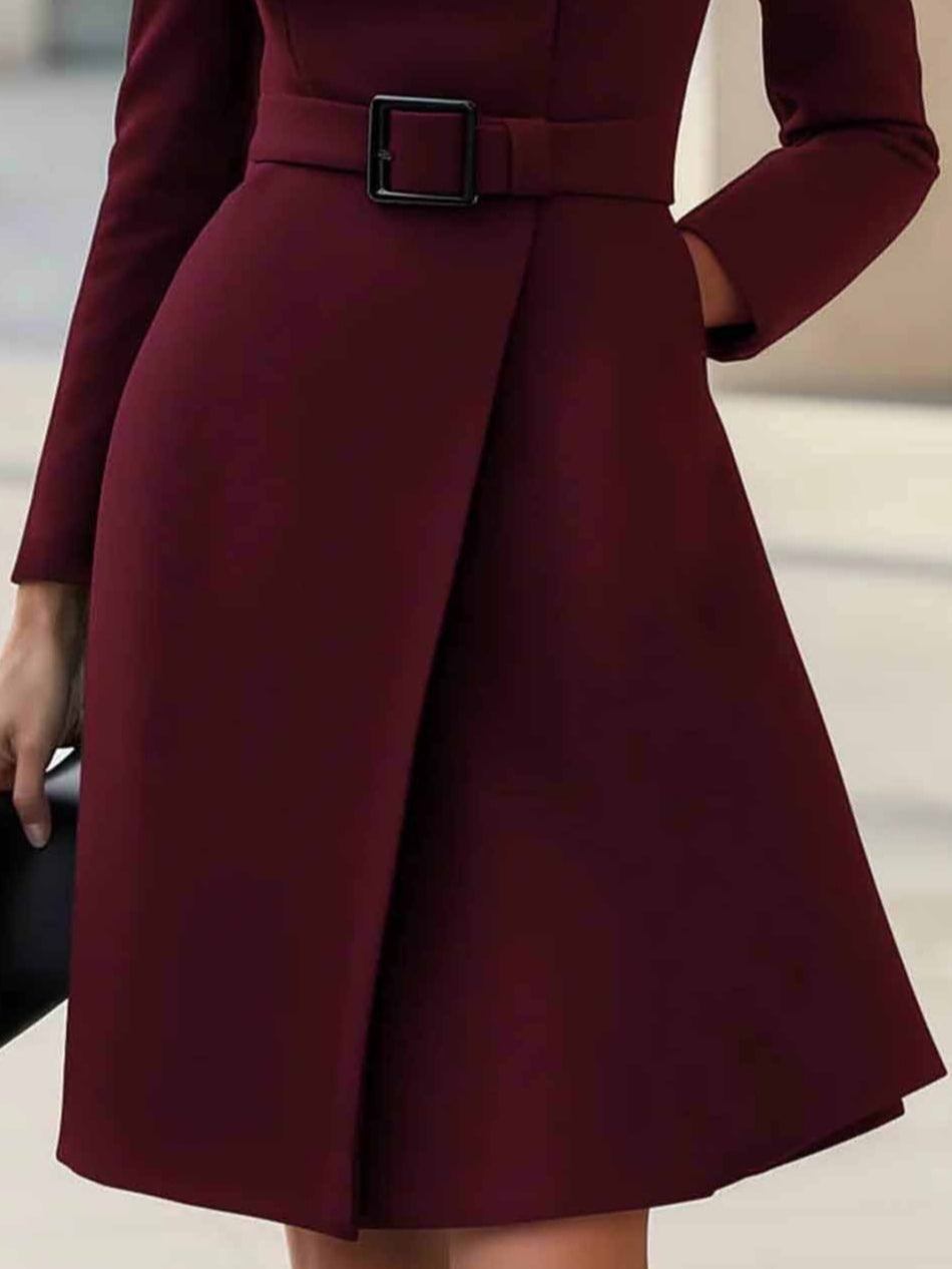 Elegant Belted Wrap Midi Dress for Women with High Neck Long Sleeve Asymmetric Button Tailored Style