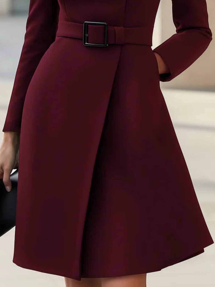 Elegant Belted Wrap Midi Dress for Women with High Neck Long Sleeve Asymmetric Button Tailored Style