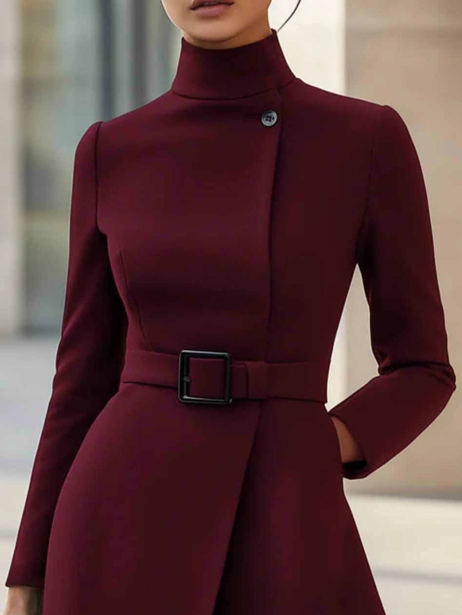 Elegant Belted Wrap Midi Dress for Women with High Neck Long Sleeve Asymmetric Button Tailored Style