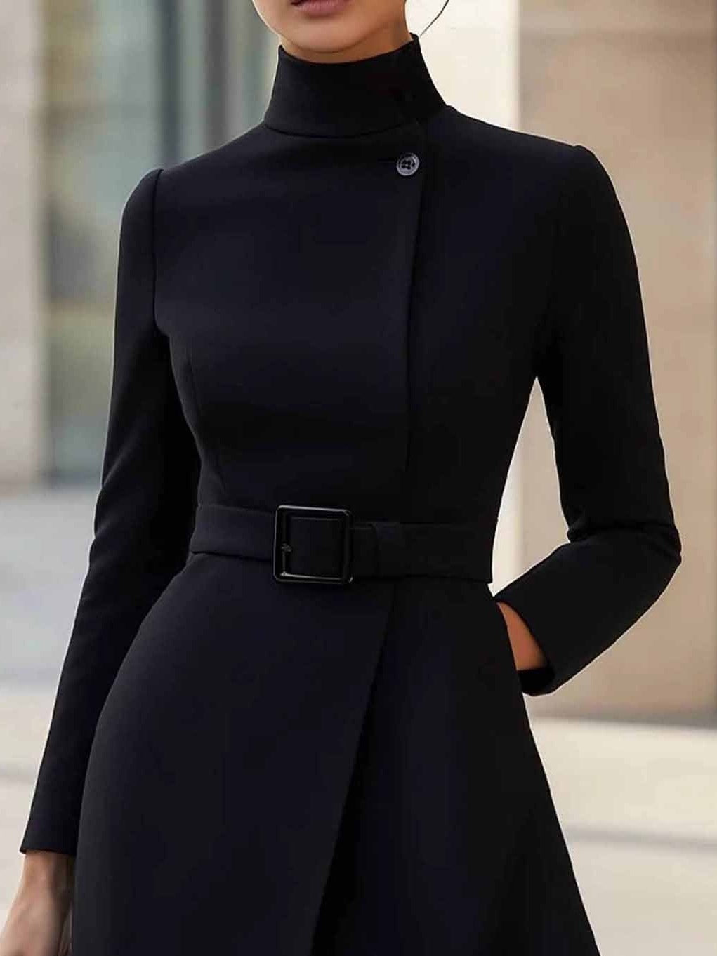 Elegant Belted Wrap Midi Dress for Women with High Neck Long Sleeve Asymmetric Button Tailored Style