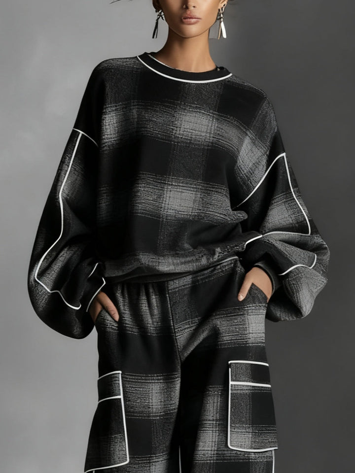 Effortless Black Gray Plaid Two Piece Set for Women with Oversized Sweatshirt Wide Leg Cargo Pant Relaxed Style