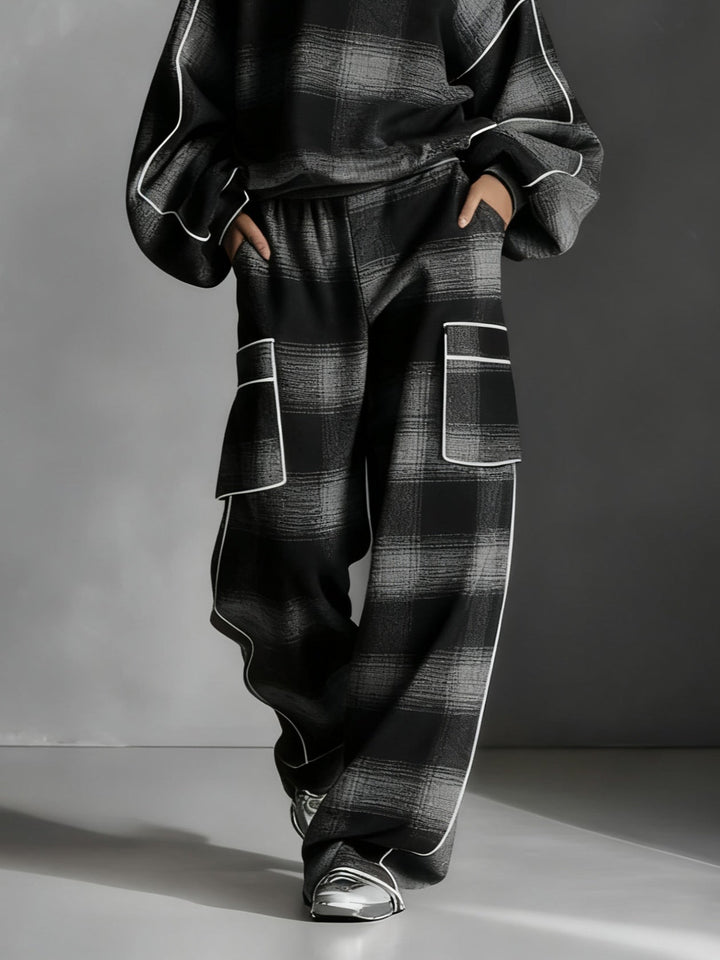 Effortless Black Gray Plaid Two Piece Set for Women with Oversized Sweatshirt Wide Leg Cargo Pant Relaxed Style
