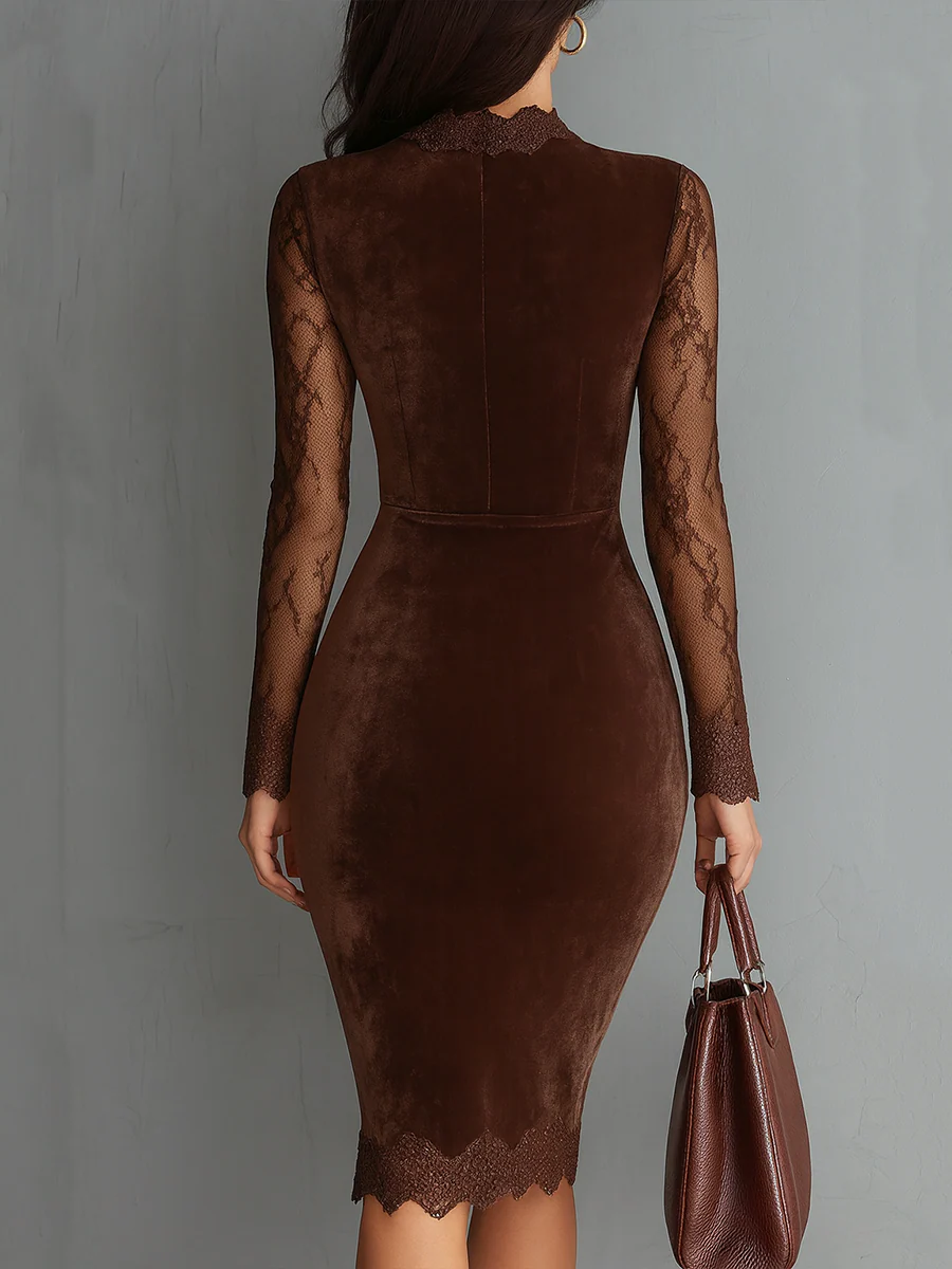Elegant Brown Velvet Midi Dress for Women with High Neck Long Sleeve Lace Cutout Bodycon Cocktail Style