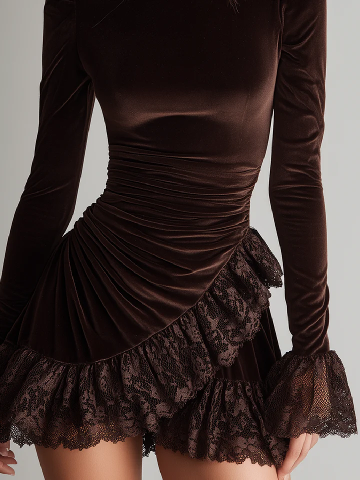 Elegant Brown Velvet Mini Dress for Women with High Neck Long Sleeve Ruched Lace Ruffle Style