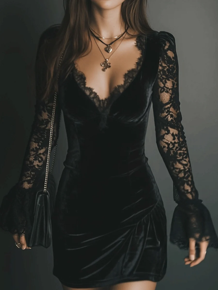 Elegant Black Velvet Mini Dress for Women with V Neck Lace Sleeve Bodycon Cocktail Style