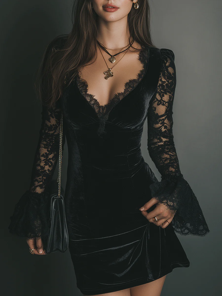 Elegant Black Velvet Mini Dress for Women with V Neck Lace Sleeve Bodycon Cocktail Style