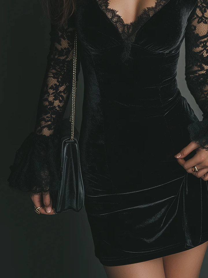 Elegant Black Velvet Mini Dress for Women with V Neck Lace Sleeve Bodycon Cocktail Style