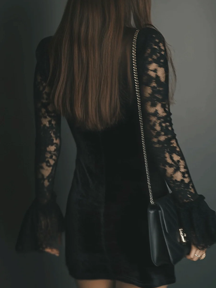 Elegant Black Velvet Mini Dress for Women with V Neck Lace Sleeve Bodycon Cocktail Style