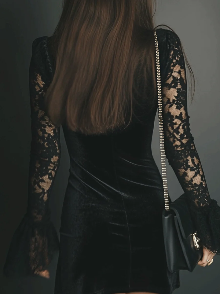 Elegant Black Velvet Mini Dress for Women with V Neck Lace Sleeve Bodycon Cocktail Style