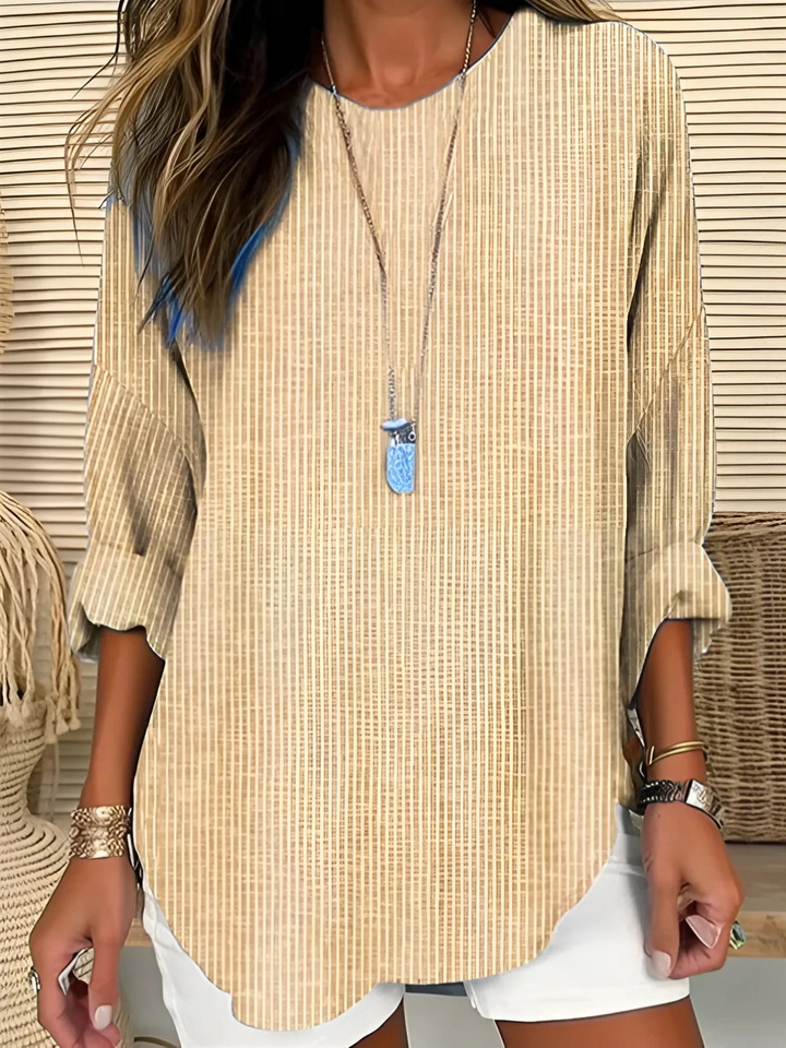 Effortless Striped Tunic Blouse for Women with Round Neck Flounce Sleeve Curved Hem Relaxed Style