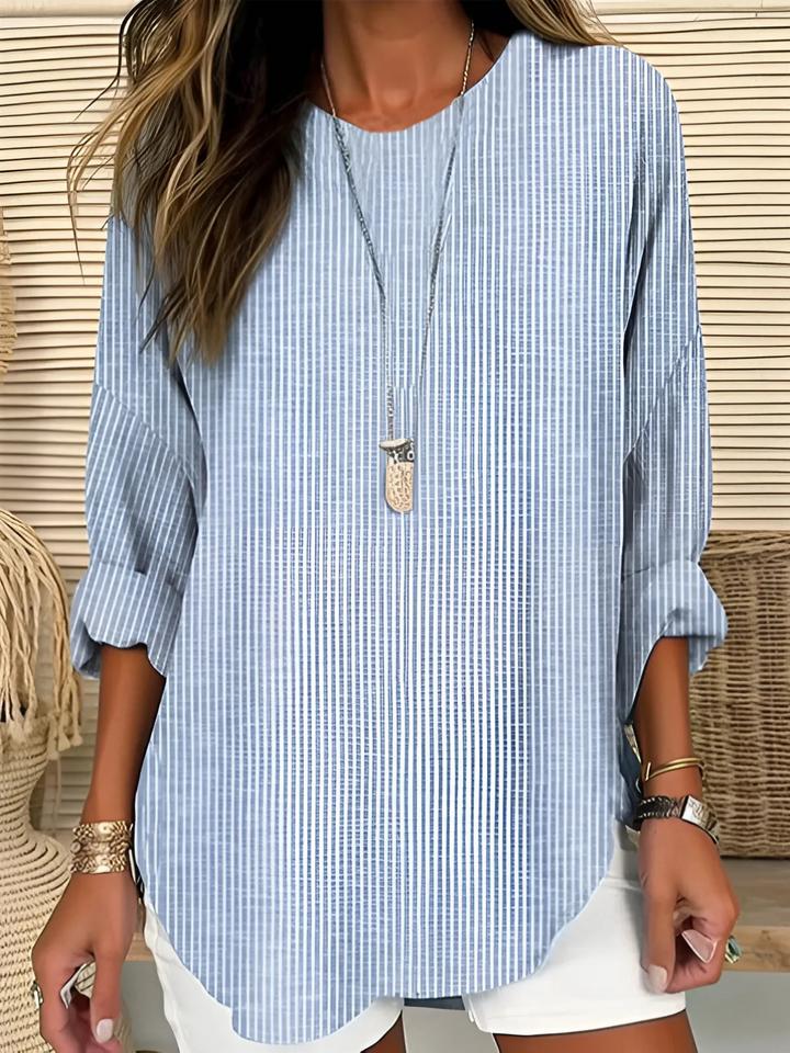 Effortless Striped Tunic Blouse for Women with Round Neck Flounce Sleeve Curved Hem Relaxed Style