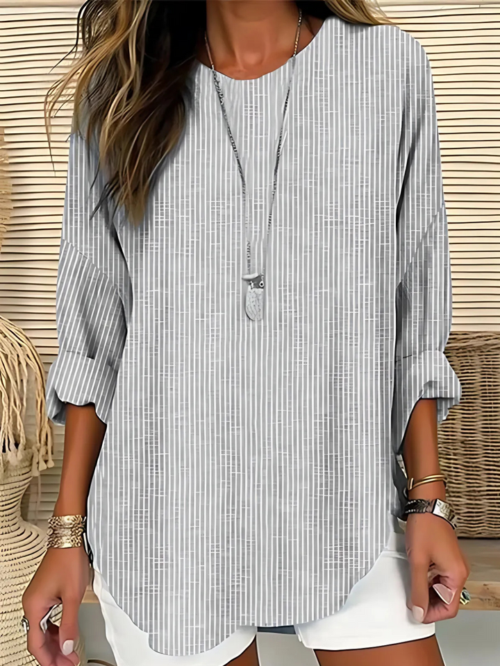Effortless Striped Tunic Blouse for Women with Round Neck Flounce Sleeve Curved Hem Relaxed Style