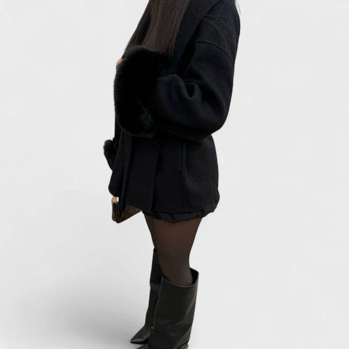 Elegant Wool Coat for Women with Shawl Collar Long Sleeve Belted Fur Cuff Style