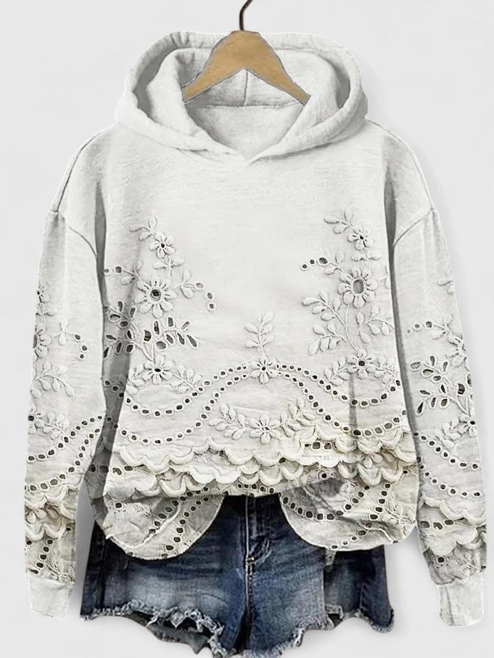 Effortless Floral Eyelet Hoodie for Women with Long Sleeve Scalloped Hem Cropped Casual Style