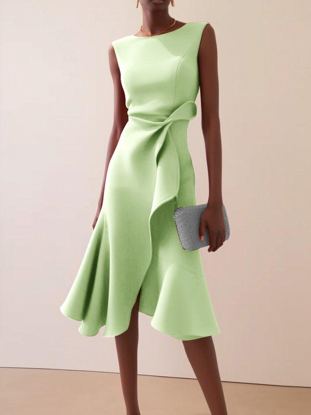 Elegant Draped Midi Dress for Women with Boat Neck Sleeveless Asymmetric Ruffle Hem Cocktail Style