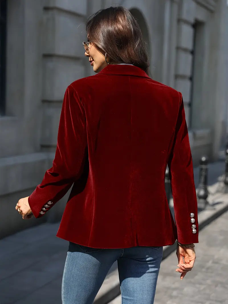 Elegant Velvet Blazer for Women with Lapel Collar Long Sleeve Single Button Tailored Formal Style