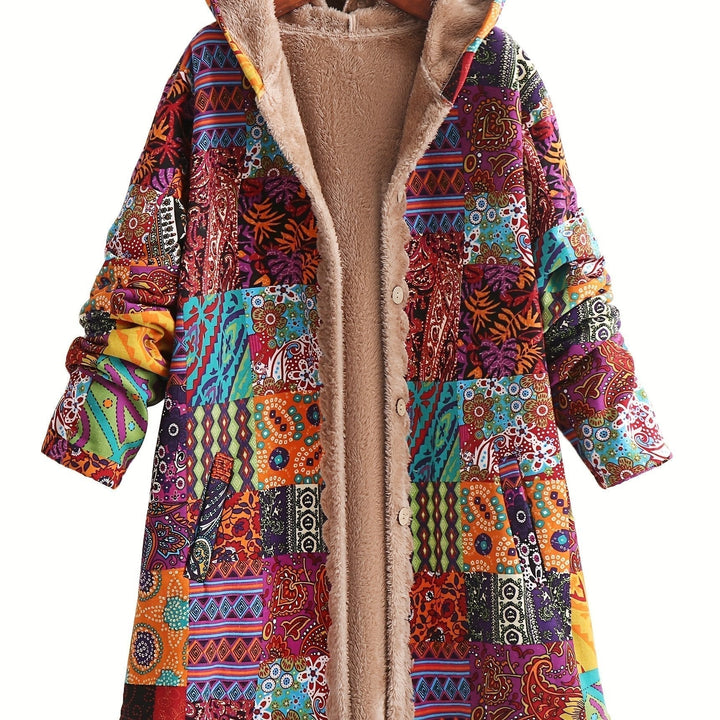 Effortless Patchwork Print Fleece Lined Coat for Women with Hooded Long Sleeve Button Front Oversized Bohemian Style