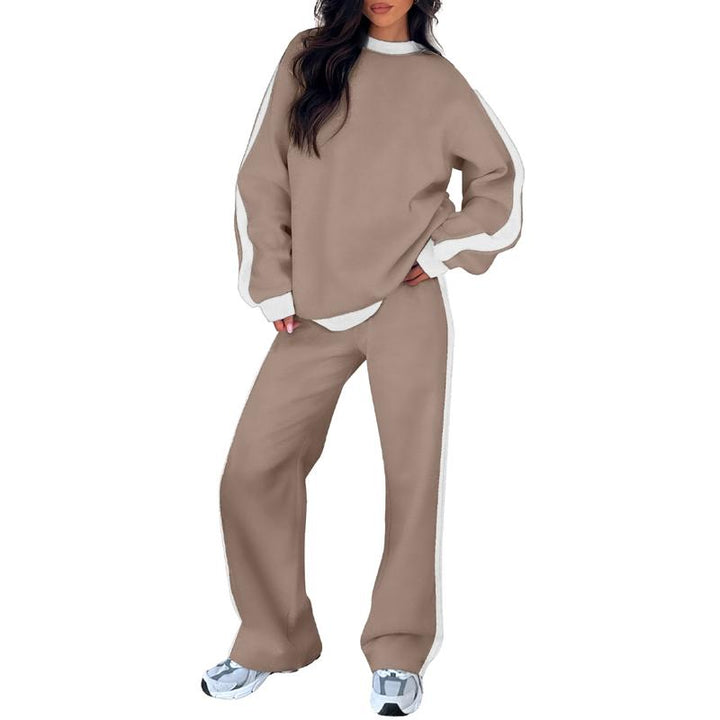 Effortless Wide Leg Set for Women with Round Neck Long Sleeve Contrast Stripe Relaxed Two Piece Style