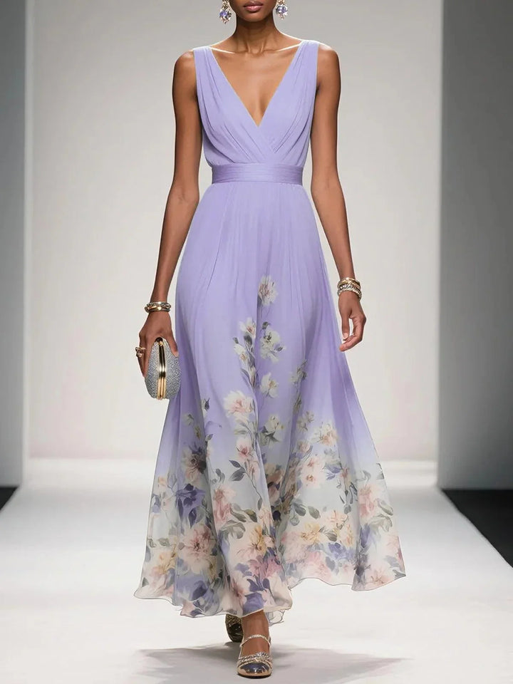Elegant Floral Maxi Dress for Women with V Neck Sleeveless Wrap Waist Flowing Wedding Guest Style