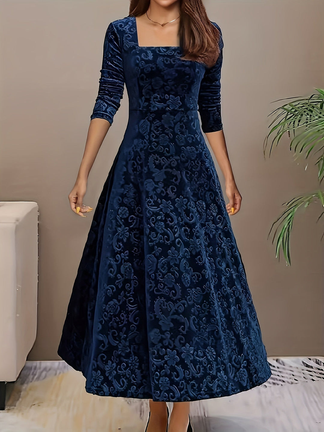 Elegant Velvet Floral Maxi Dress for Women with Square Neck Elbow Sleeve A Line Flowing Style