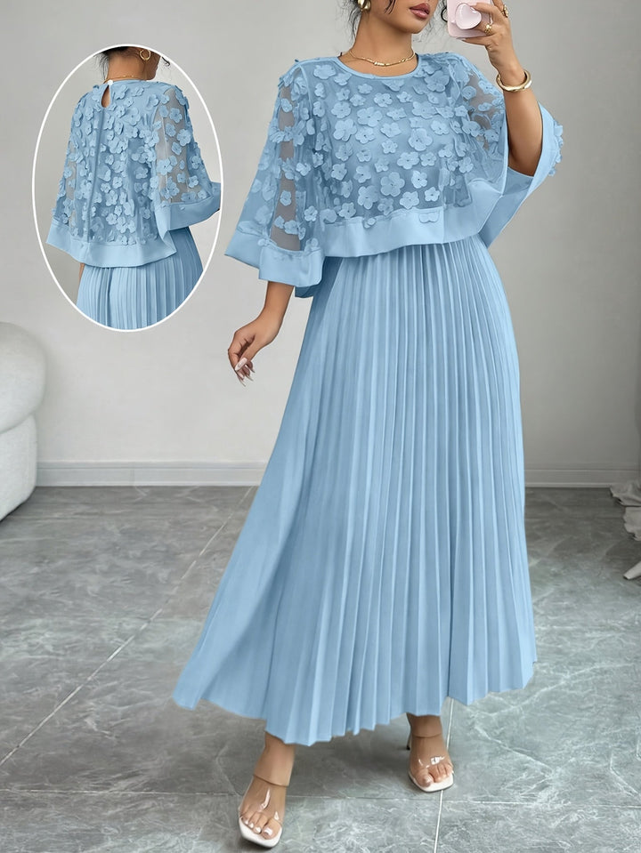 Elegant Floral Pleated Maxi Dress for Women with Round Neck Cape Sleeve Appliqué Flowing Formal Wedding Guest Style